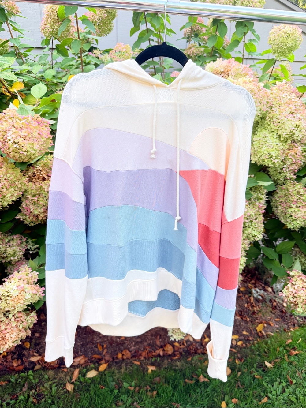 Faherty Cream Hoodie Sweater with Pastel Blue, Lavender & Pink Panels